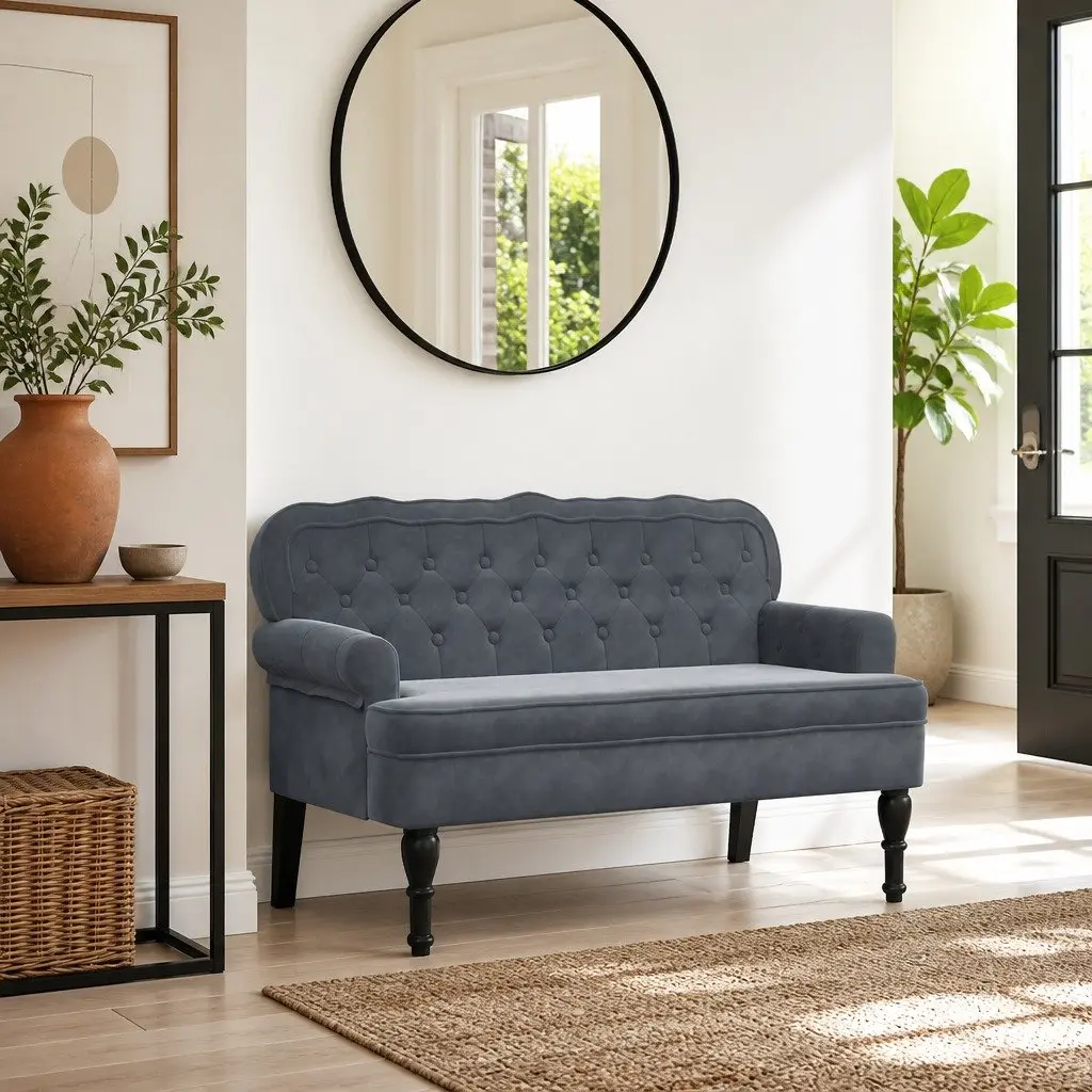 Grey Velvet Bench with Backrest for Comfort