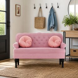 Comfortable Pink Velvet Bench with Backrest and Armrests