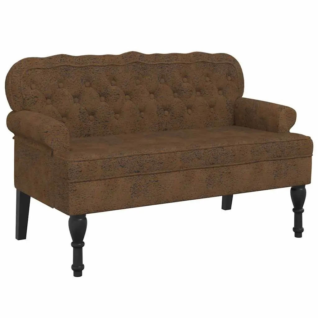 Bench with Backrest Brown Faux Suede Leather Padded Seat Wave Design Home