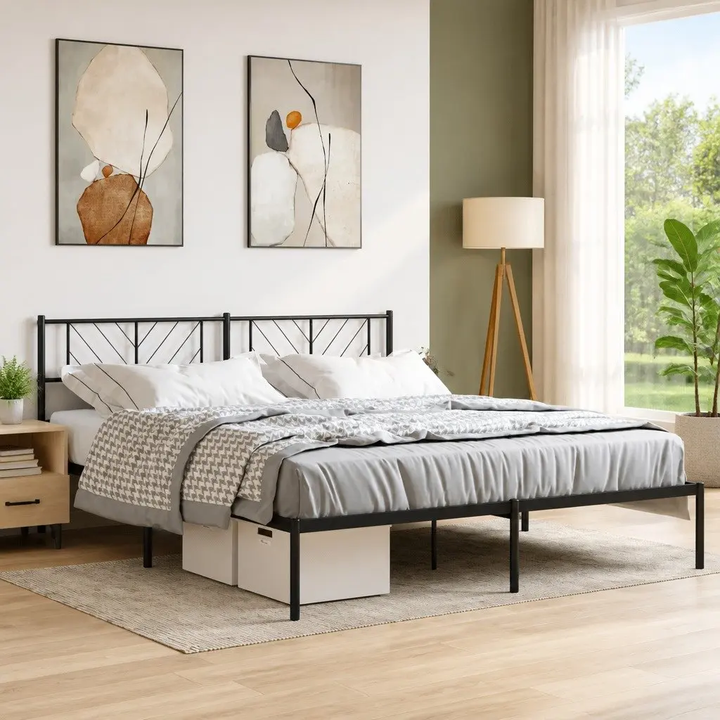 Metal Bed Frame King 183x203cm Black Steel Slatted Base