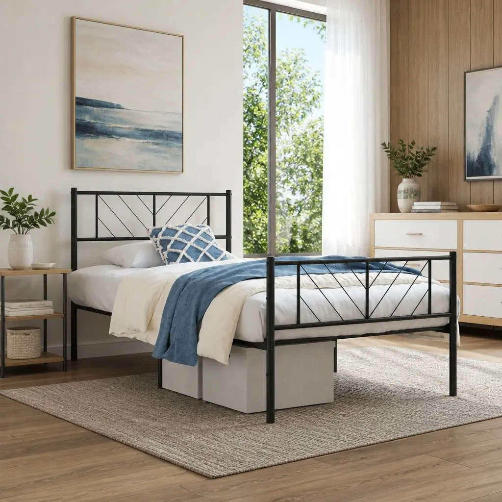 King Single Metal Bed Frame Black Slatted Base 107x203 cm with Footboard