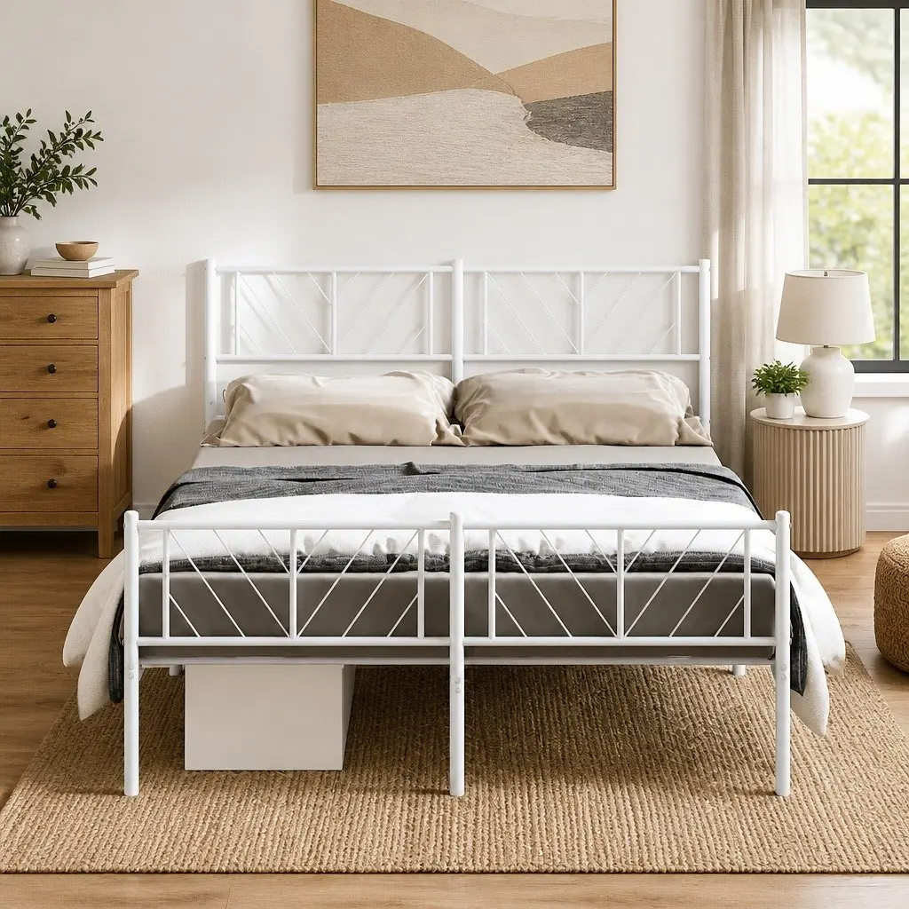 Metal Bed Frame 150x200 cm White Bedroom Furniture with Footboard and Headboard