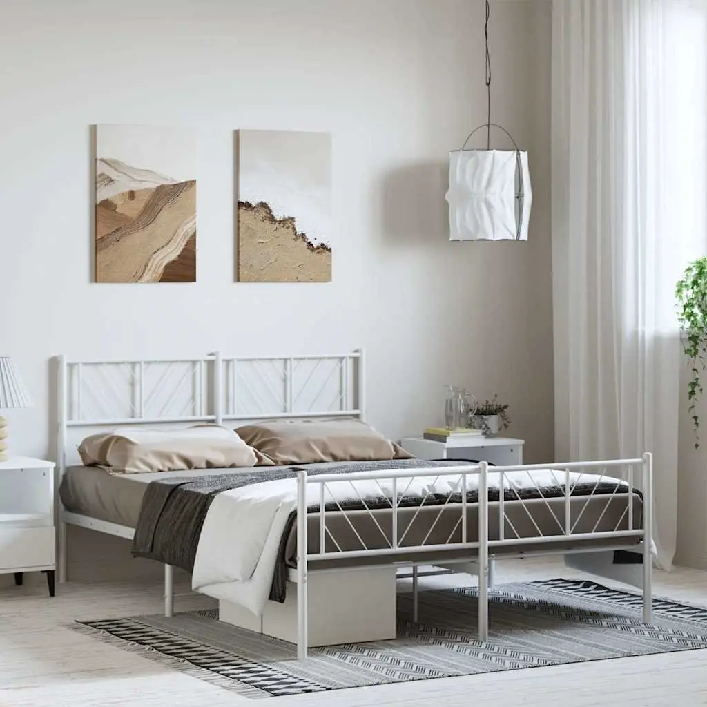 Metal Bed Frame 150x200 cm White Bedroom Furniture with Footboard and Headboard