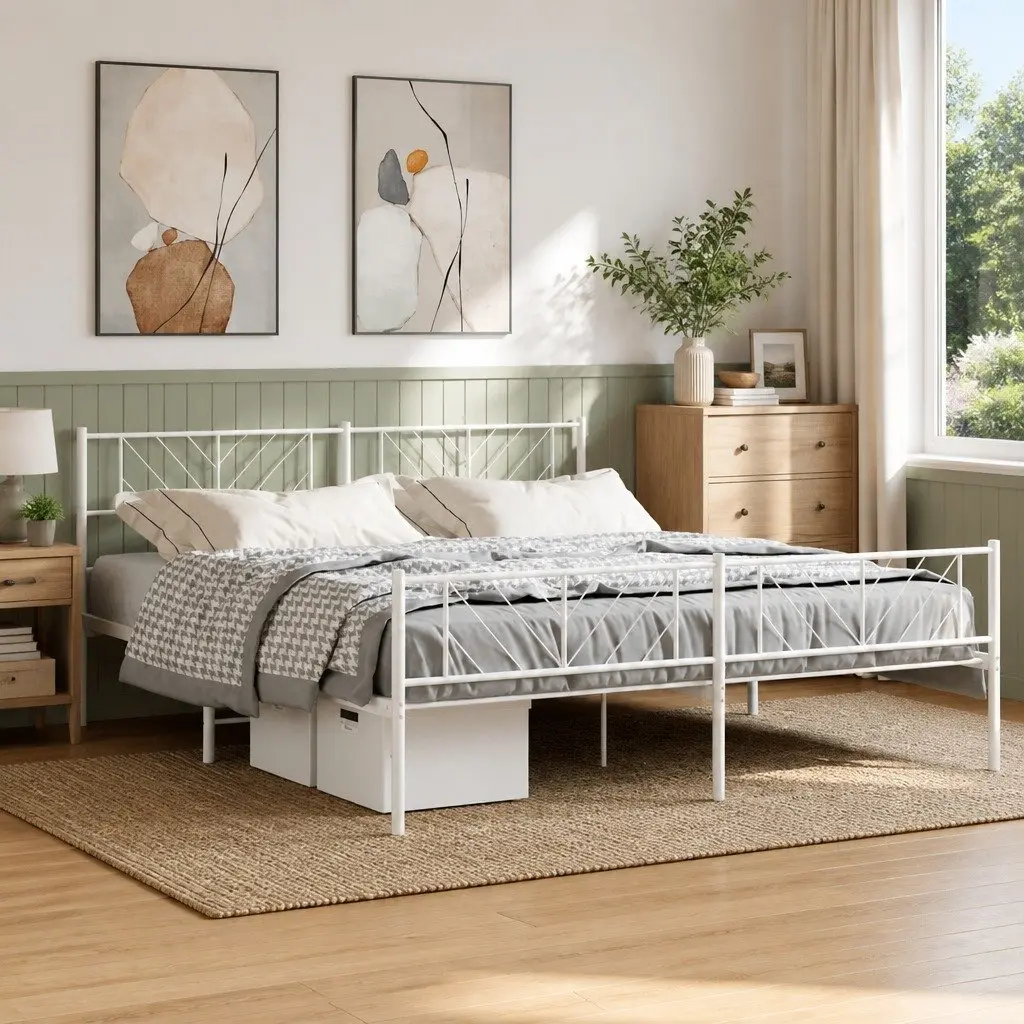 Metal Bed Frame King 183x203cm White with Footboard Slatted Base
