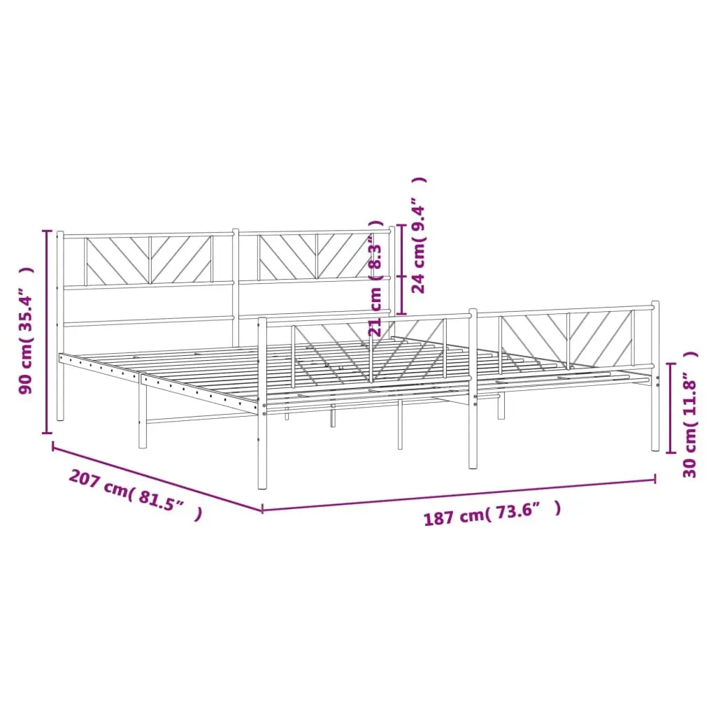 Metal Bed Frame King 183x203cm White with Footboard Slatted Base