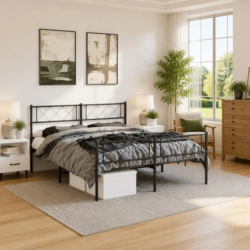 Metal Bed Frame Black Slatted Base 150x200cm