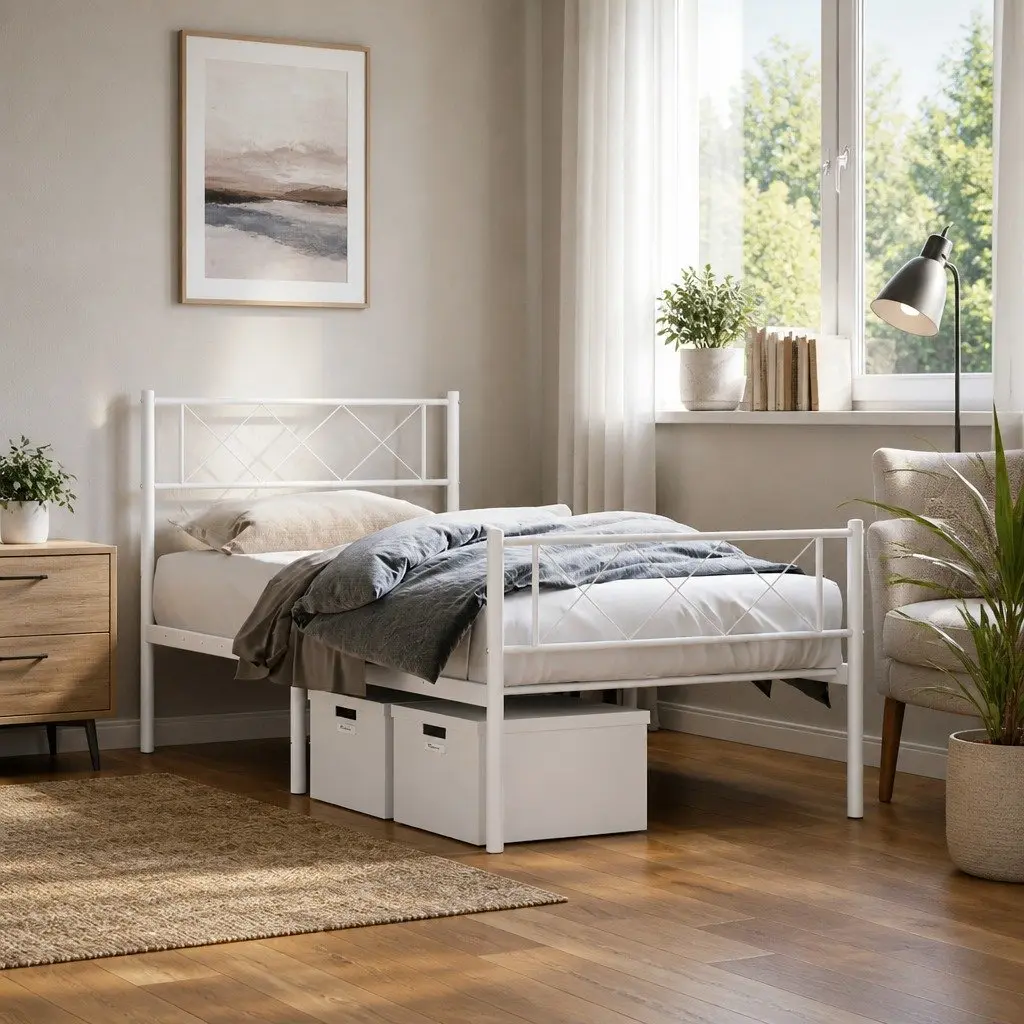 Metal Bed Frame King Single Slatted Base 107x203 cm White