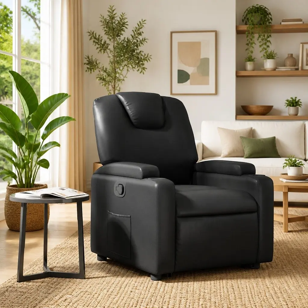 Manual Reclining Armchair Black Faux Leather Lounge Chair with Cup Holders and Side Pocket