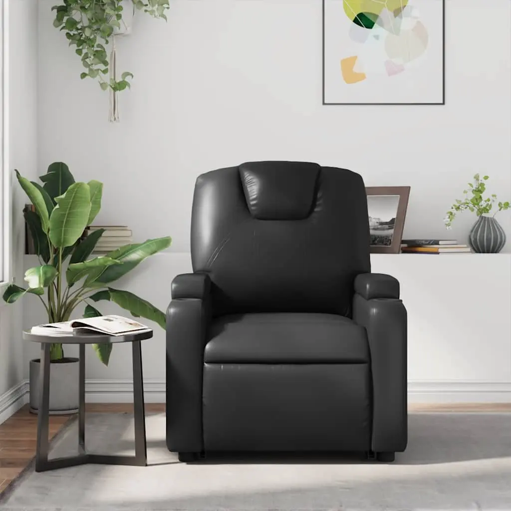 Manual Reclining Armchair Black Faux Leather Lounge Chair with Cup Holders and Side Pocket