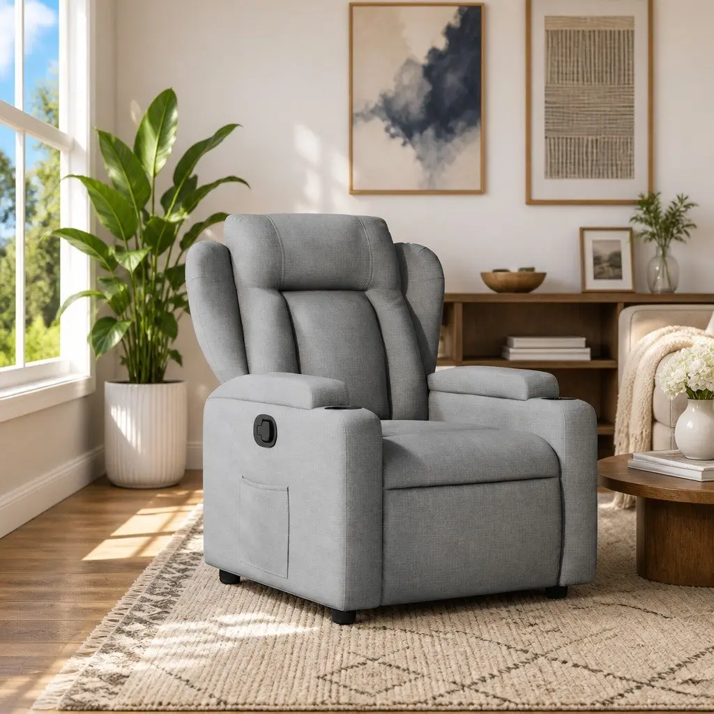 Recliner Chair Manual Reclining Armchair Grey Fabric