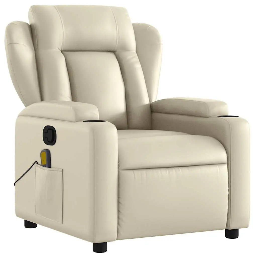 Massage Recliner Chair Vibration Cream Faux Leather Manual Recline 135 Degrees