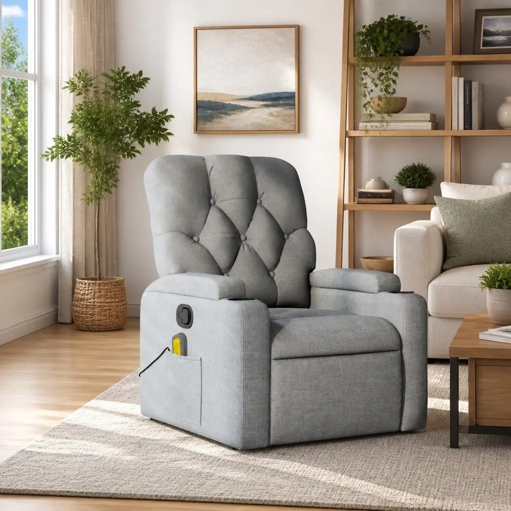 Massage Recliner Chair Grey Fabric Manual Recline Vibration Armchair Footrest