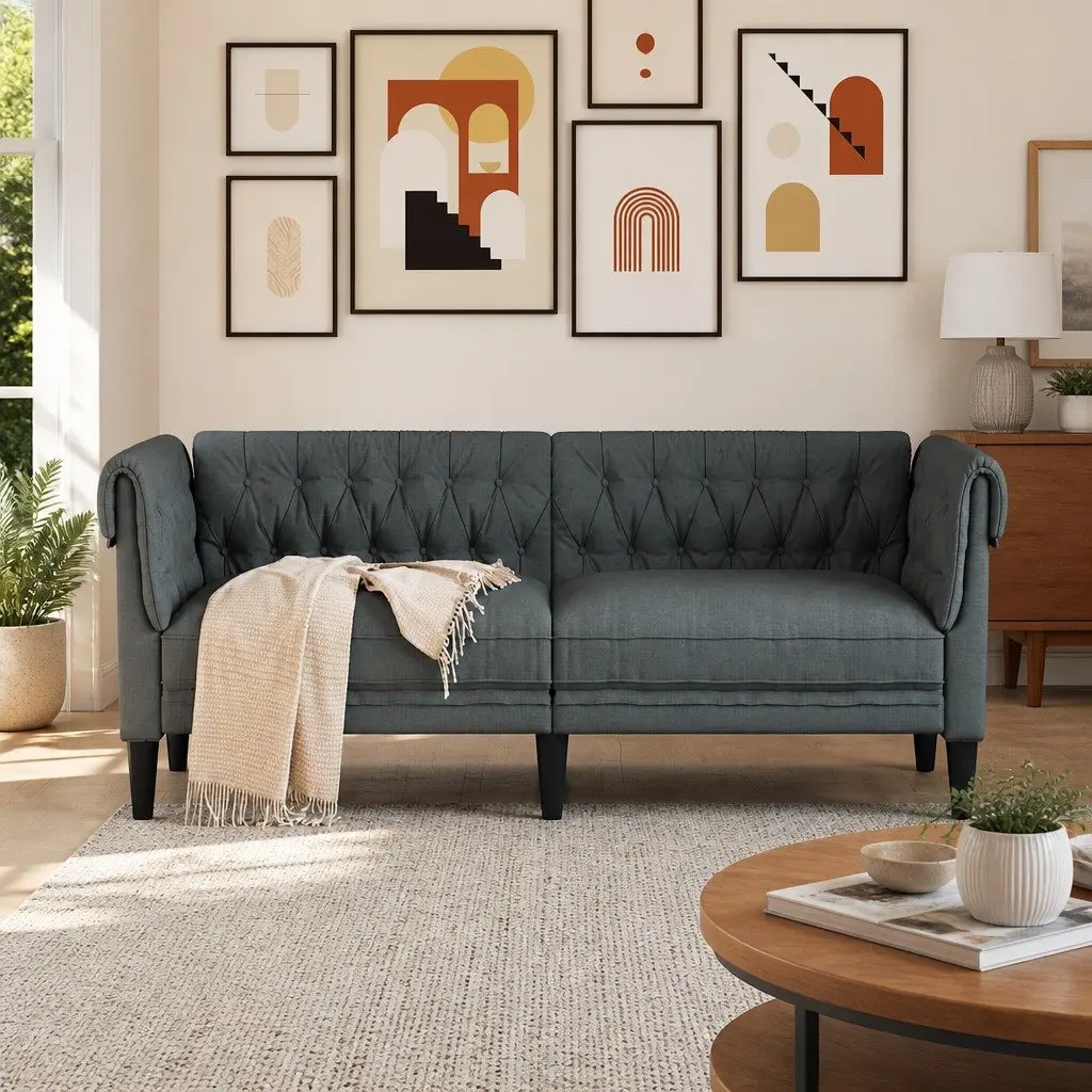 2-Seater Chesterfield Sofa Grey Fabric Living Room Couch Rolled Arms Deep