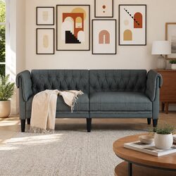 2-Seater Chesterfield Sofa Grey Fabric Living Room Couch Rolled Arms Deep