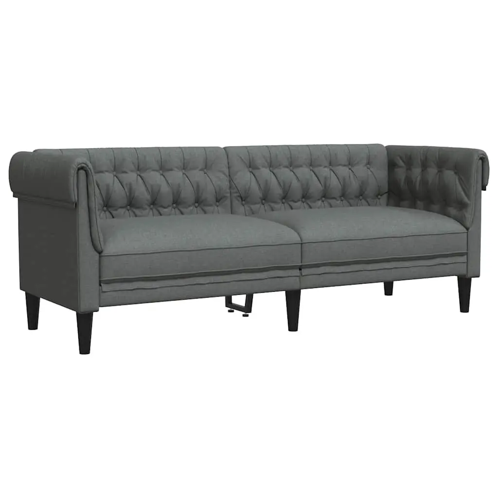 3-Seater Chesterfield Sofa Grey Fabric Living Room Couch Rolled Arm Design
