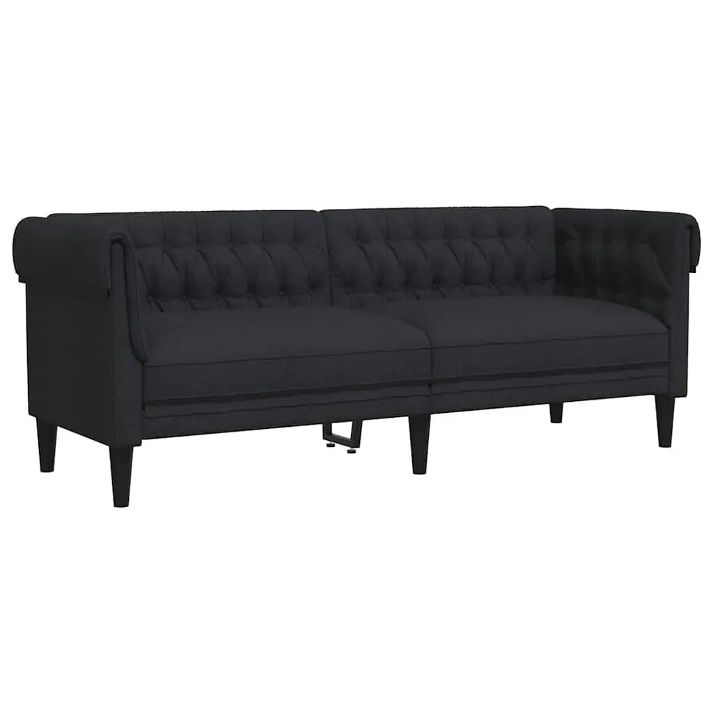 Chesterfield Sofa Black Fabric 3-Seater Living Room Rolled Arm Deep Backrest