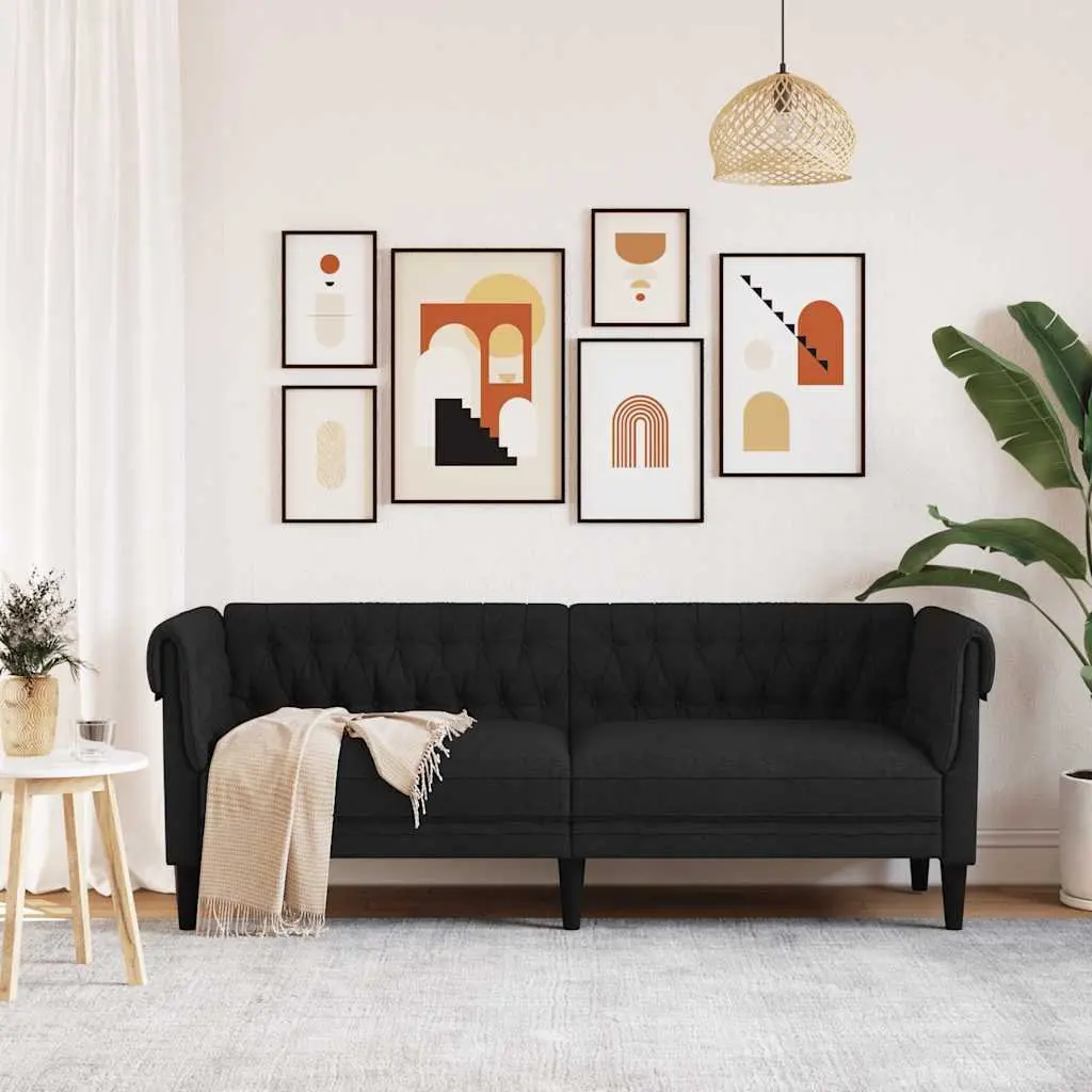 Chesterfield Sofa Black Fabric 3-Seater Living Room Rolled Arm Deep Backrest