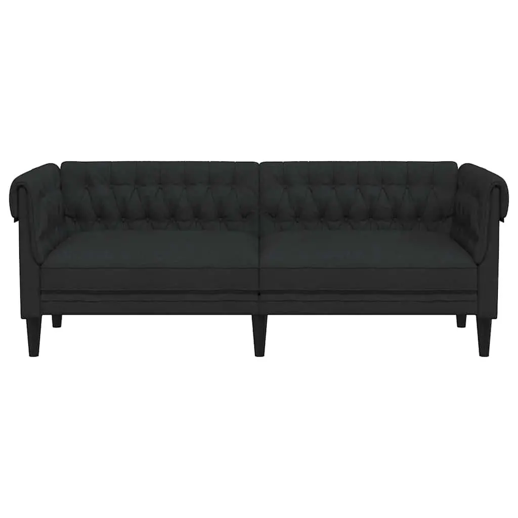 Chesterfield Sofa Black Fabric 3-Seater Living Room Rolled Arm Deep Backrest