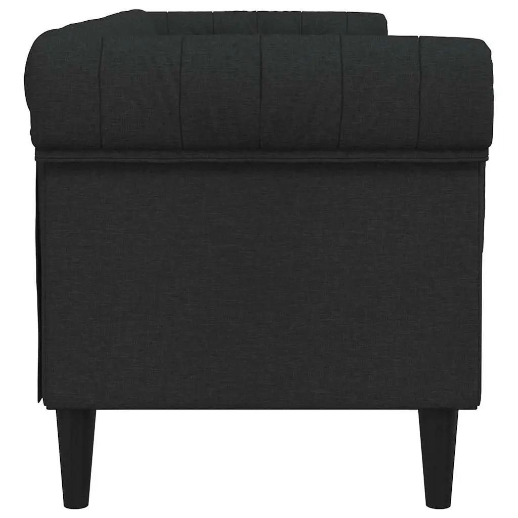Chesterfield Sofa Black Fabric 3-Seater Living Room Rolled Arm Deep Backrest