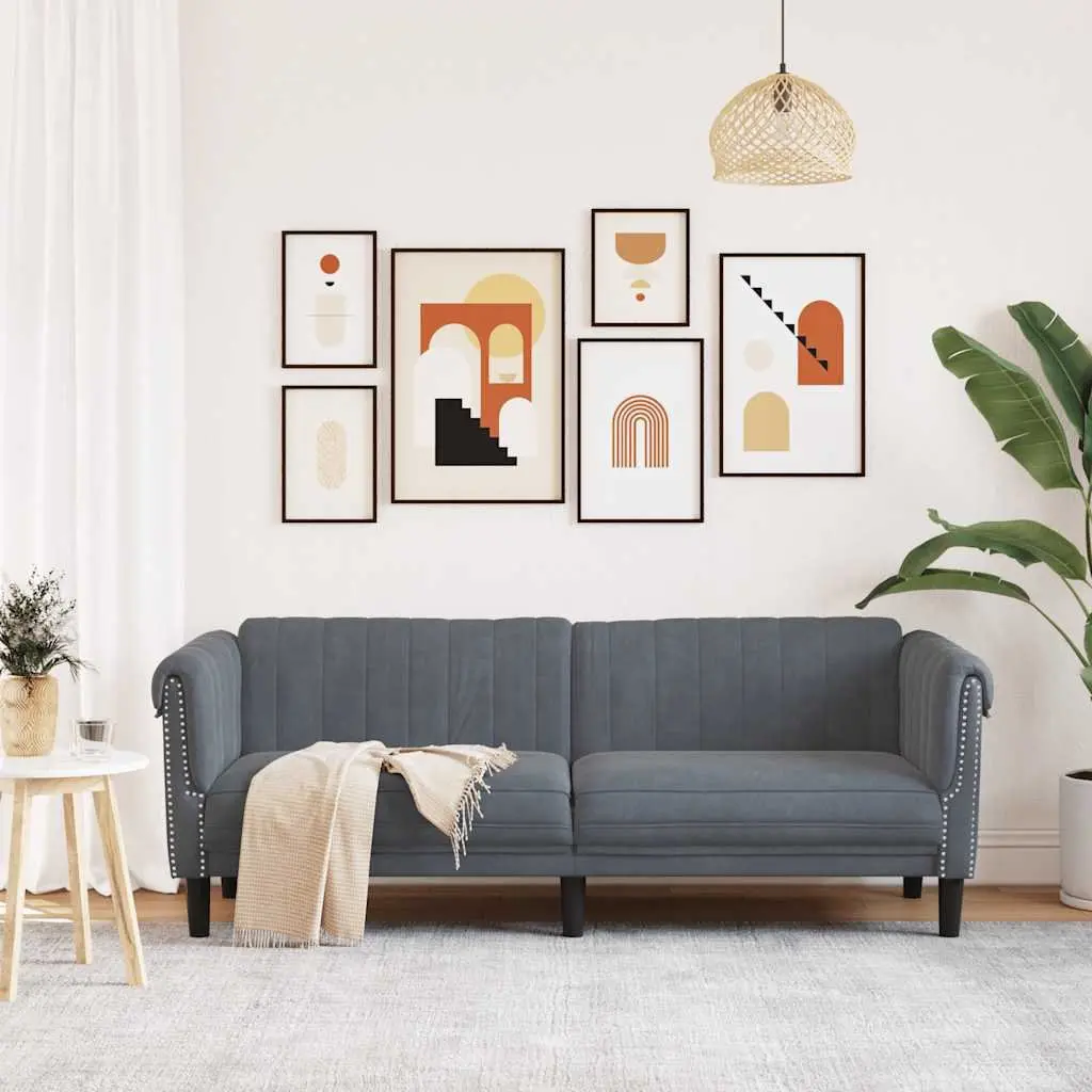 3-Seater Sofa Grey Velvet Upholstered Living Room Couch Modern Padded