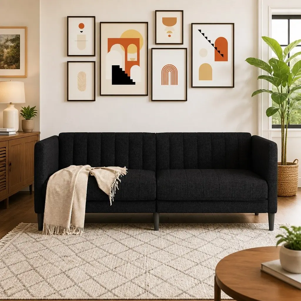 2-Seater Sofa Black Fabric Living Room Couch Comfortable Padded Armrests