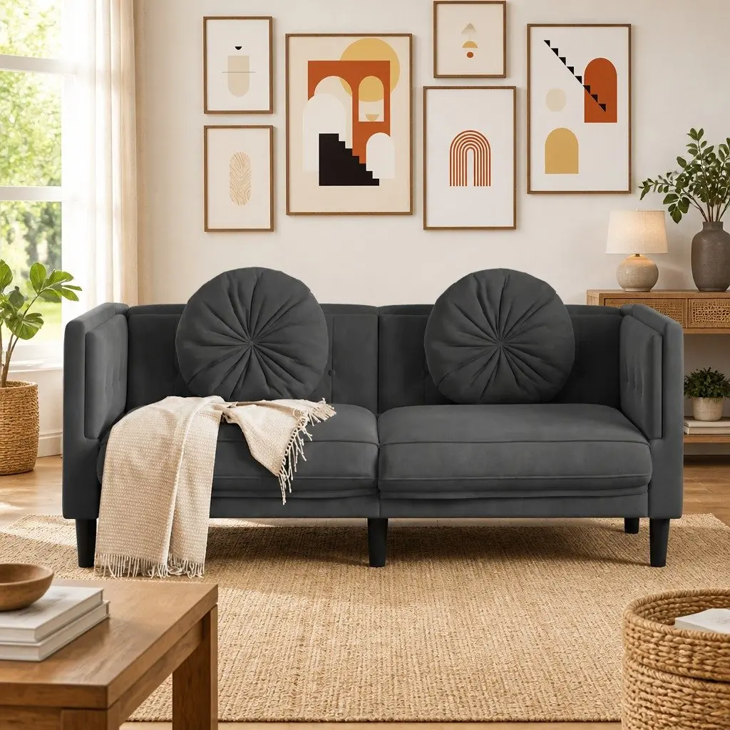 2-Seater Sofa Grey Velvet Cushions Living Room Furniture Couch