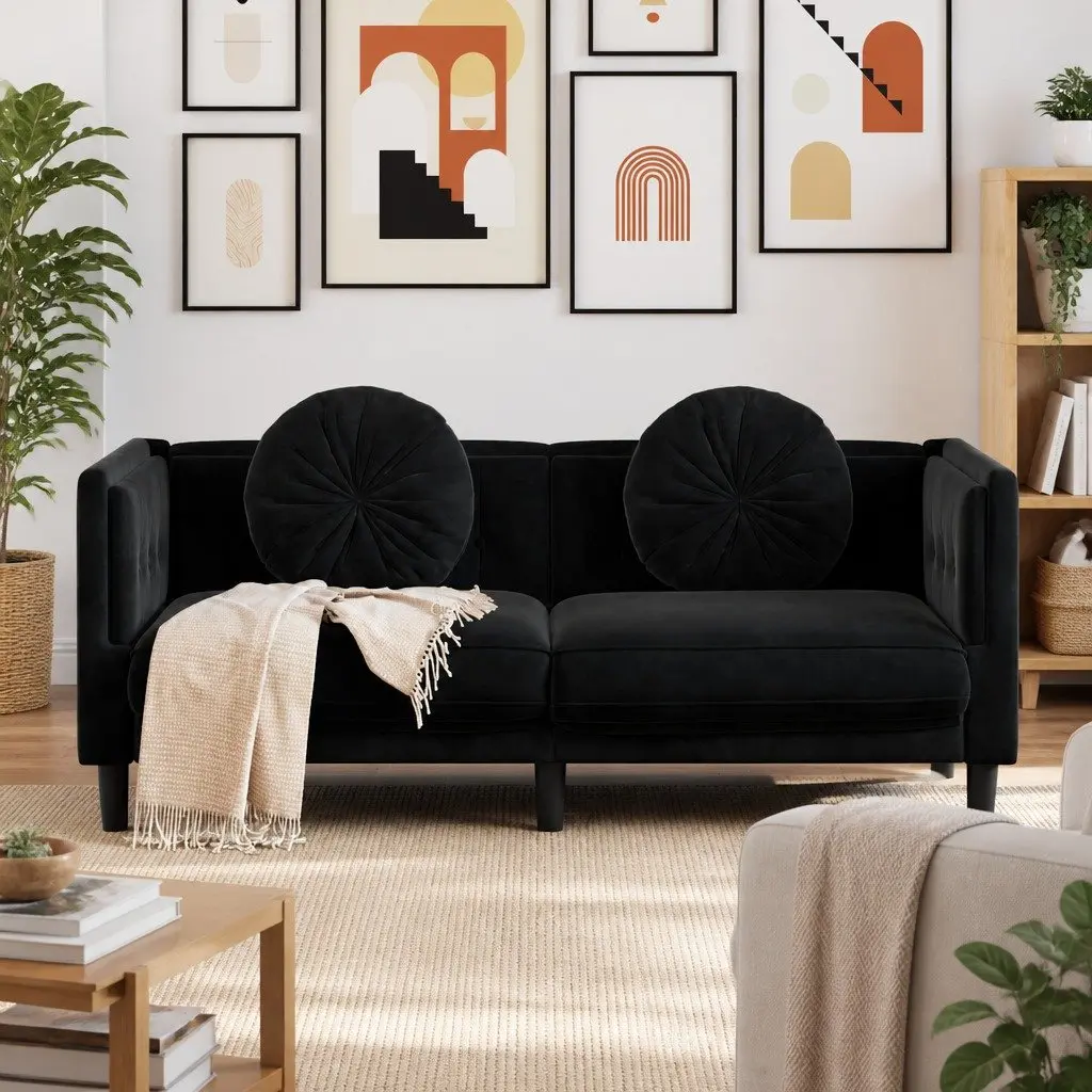 2-Seater Black Velvet Sofa