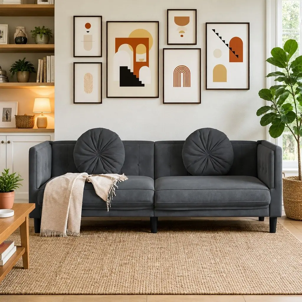 3-Seater Sofa Grey Velvet Living Room Couch Padded Armrests Backrest