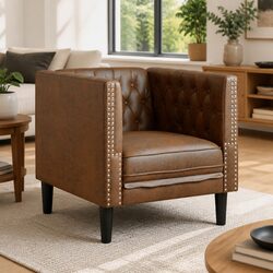 Chesterfield Sofa Chair Brown Button Tufted Armchair Home Lounge Seating
