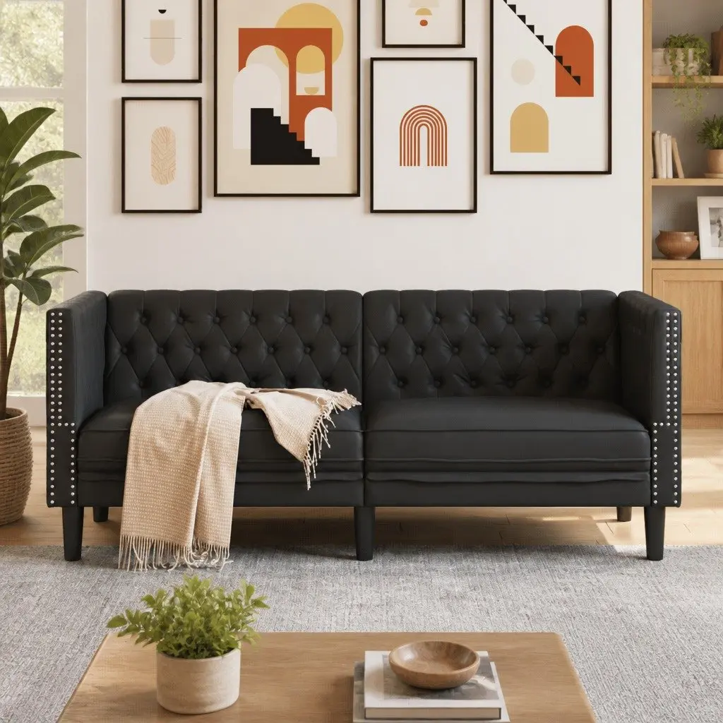 Chesterfield Sofa 2-Seater Black Faux Leather Button Tufted Living Room