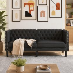 2-Seater Chesterfield Sofa Black Faux Leather Button Tufted Living Room