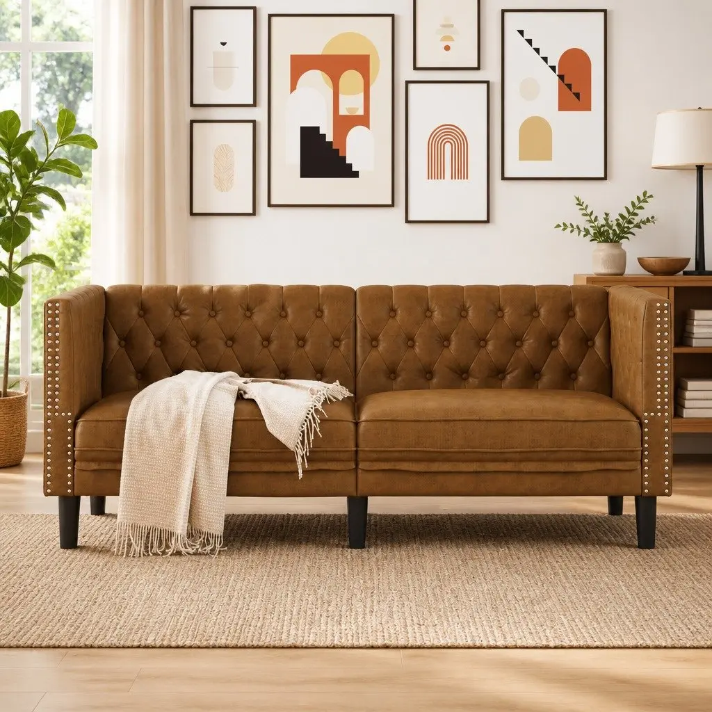Chesterfield Sofa 2-Seater Brown Faux Suede Leather Button Tufted Armchair