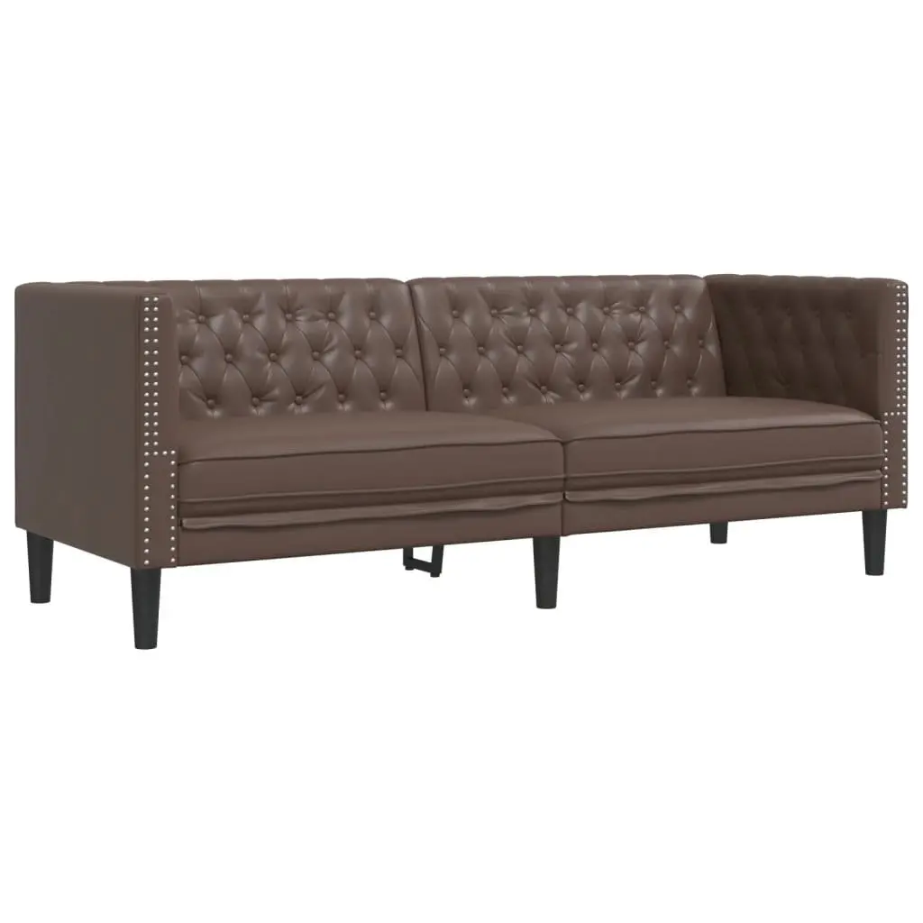 3-Seater Chesterfield Sofa Brown Faux Leather Button Tufted Living Room Couch