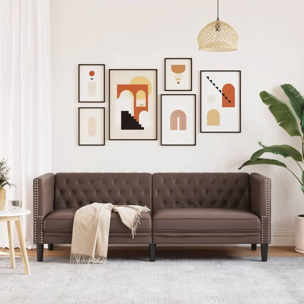 3-Seater Chesterfield Sofa Brown Faux Leather Button Tufted Living Room Couch
