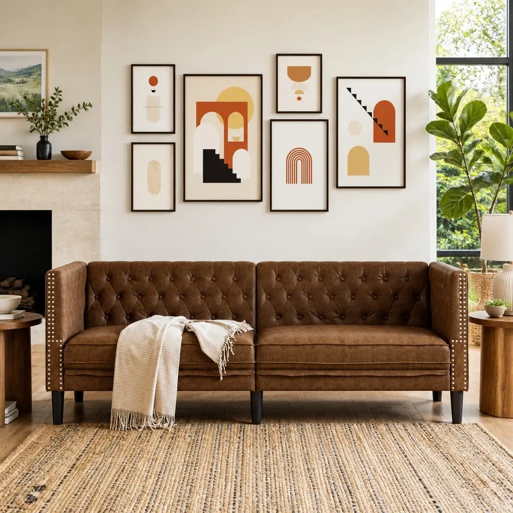 3-Seater Sofa Chesterfield Living Room Furniture Brown Faux Suede Button Tufted