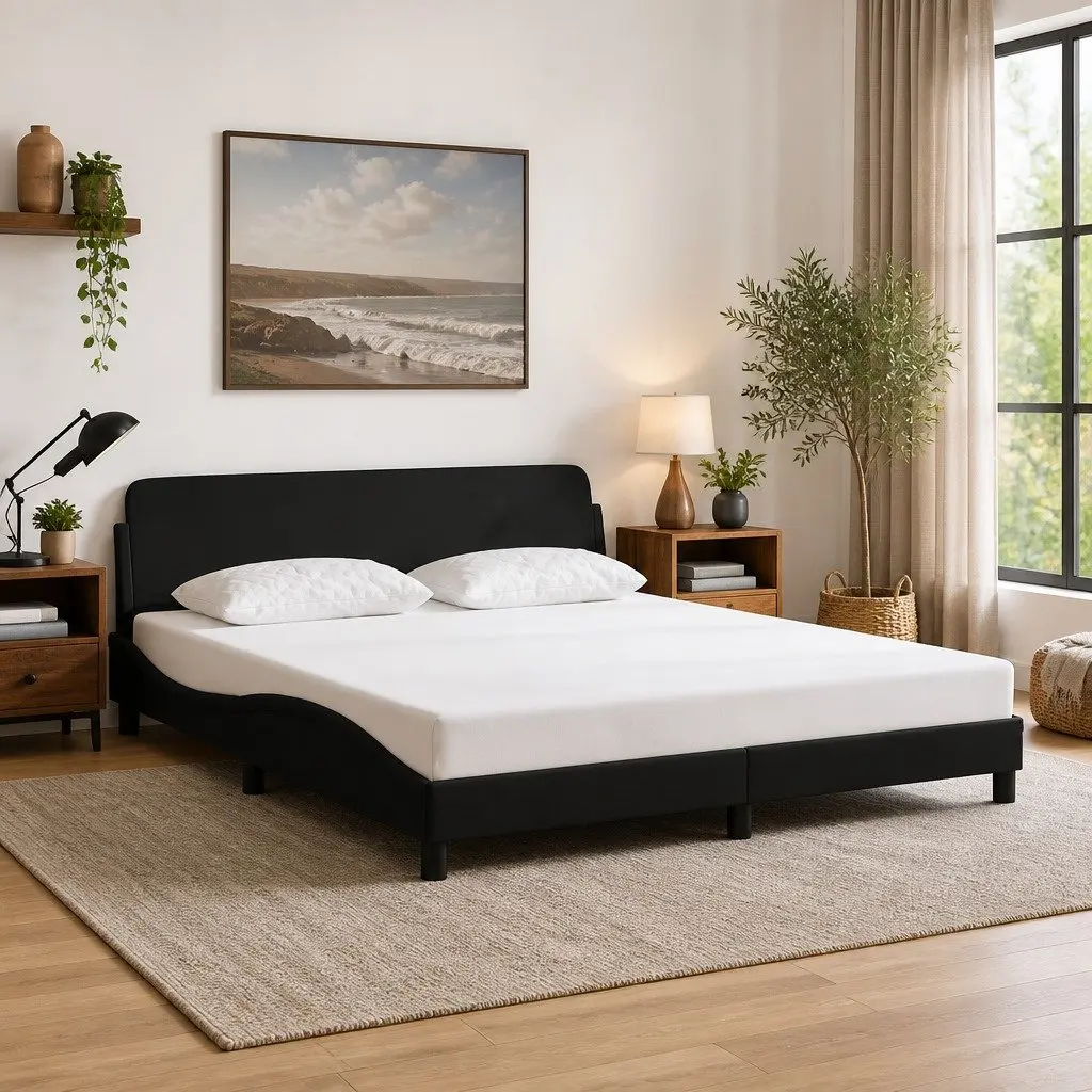 King Bed Frame Black Fabric 180x200 cm with Headboard Plywood Slats