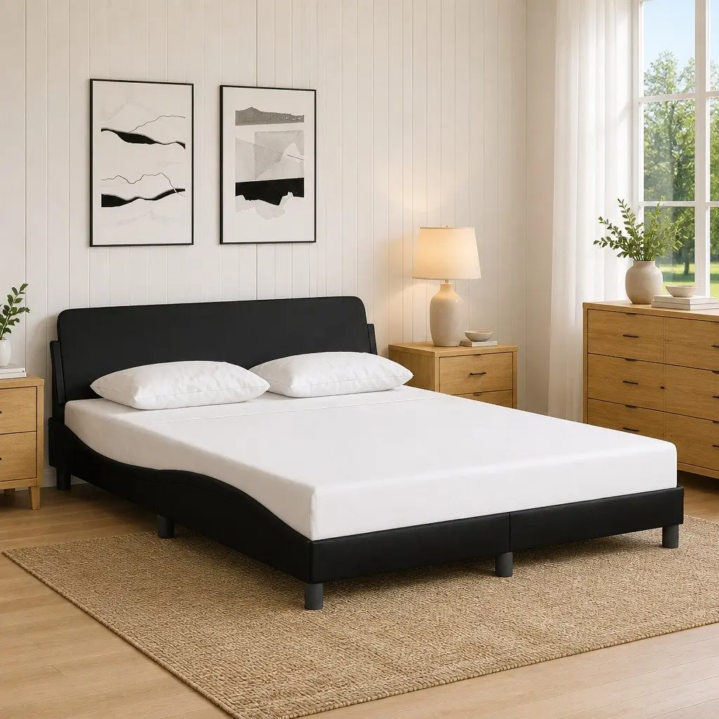 Queen Bed Frame Black Faux Leather 152x203 cm Bedroom Furniture