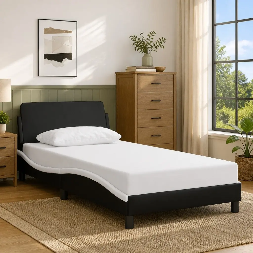 Bed Frame King Single Faux Leather Black White Bedroom Furniture 107 x 203 cm