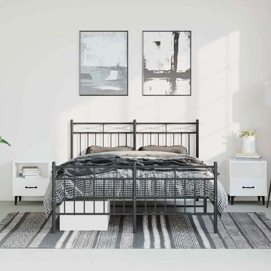 Metal Bed Frame 135x190 cm Black Footboard Bedroom Furniture Slats Legs