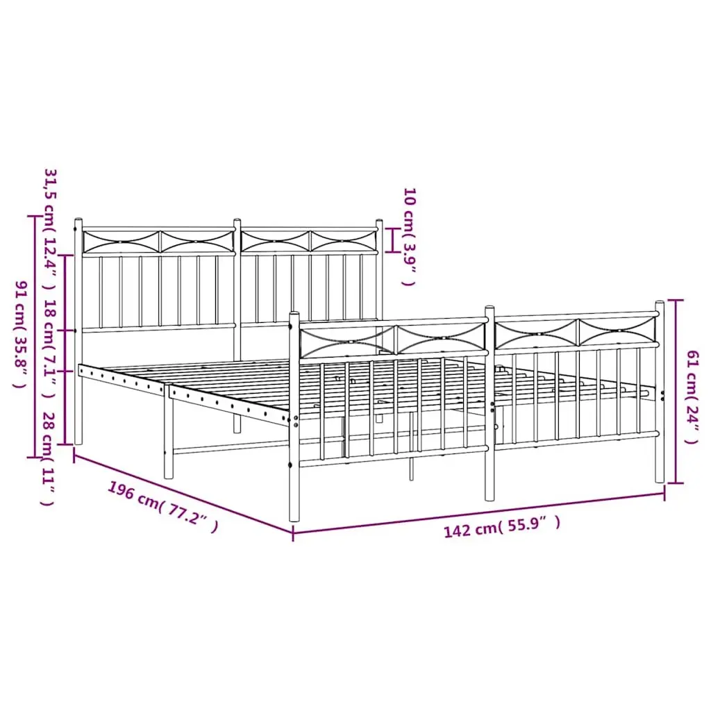 Metal Bed Frame 135x190 cm Black Footboard Bedroom Furniture Slats Legs