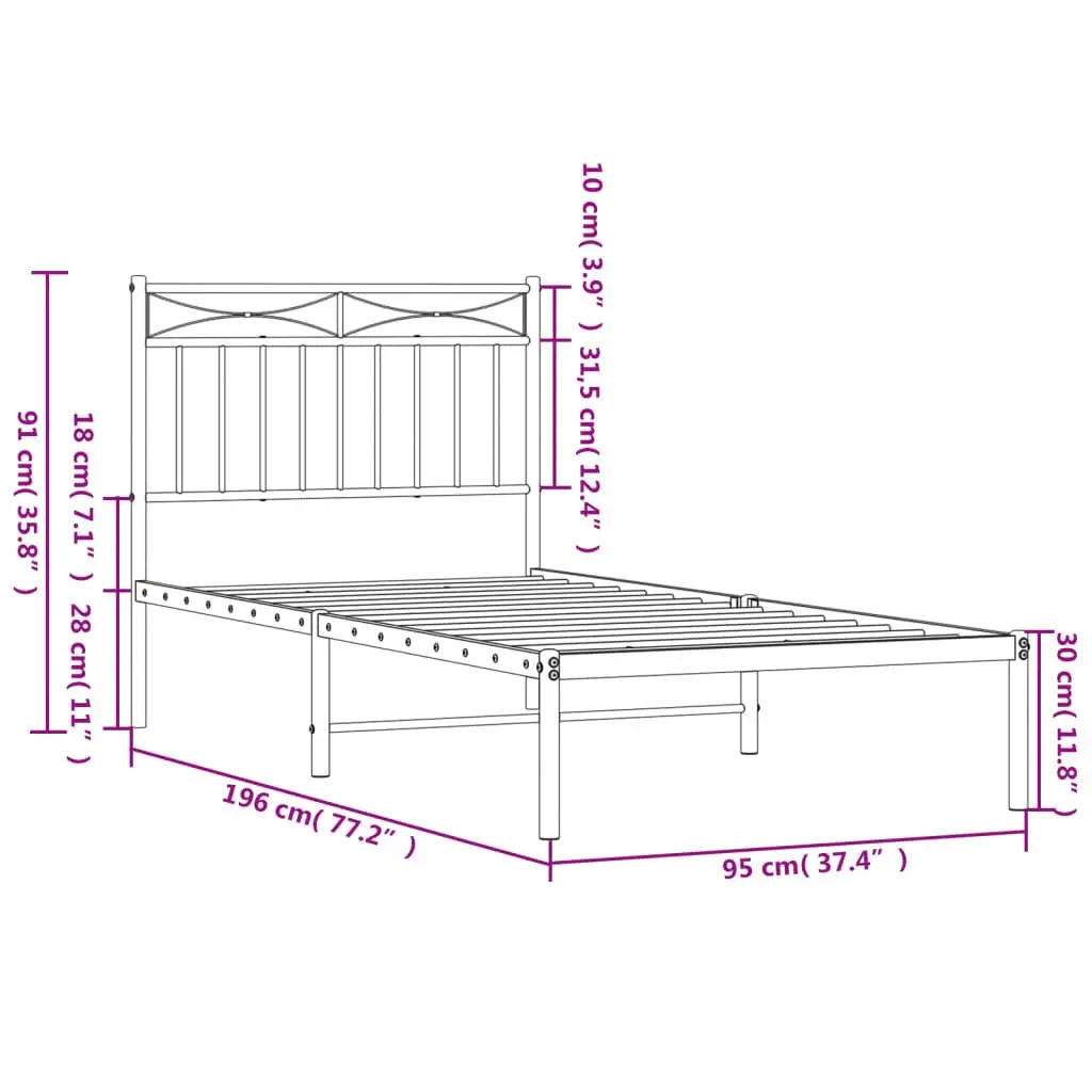 Metal Bed Frame with Headboard 90x190 cm White Steel