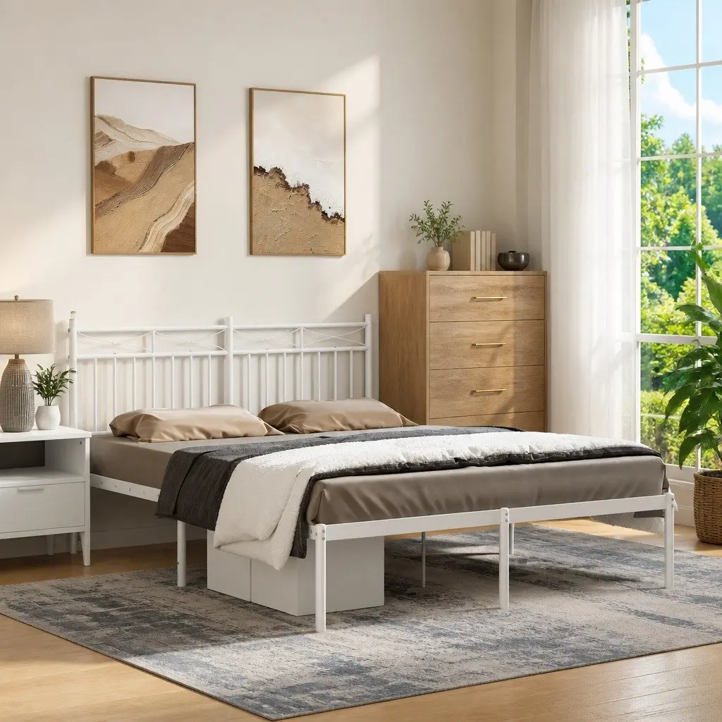 Metal Bed Frame White 135x190 cm with Headboard Steel Slats Support Storage