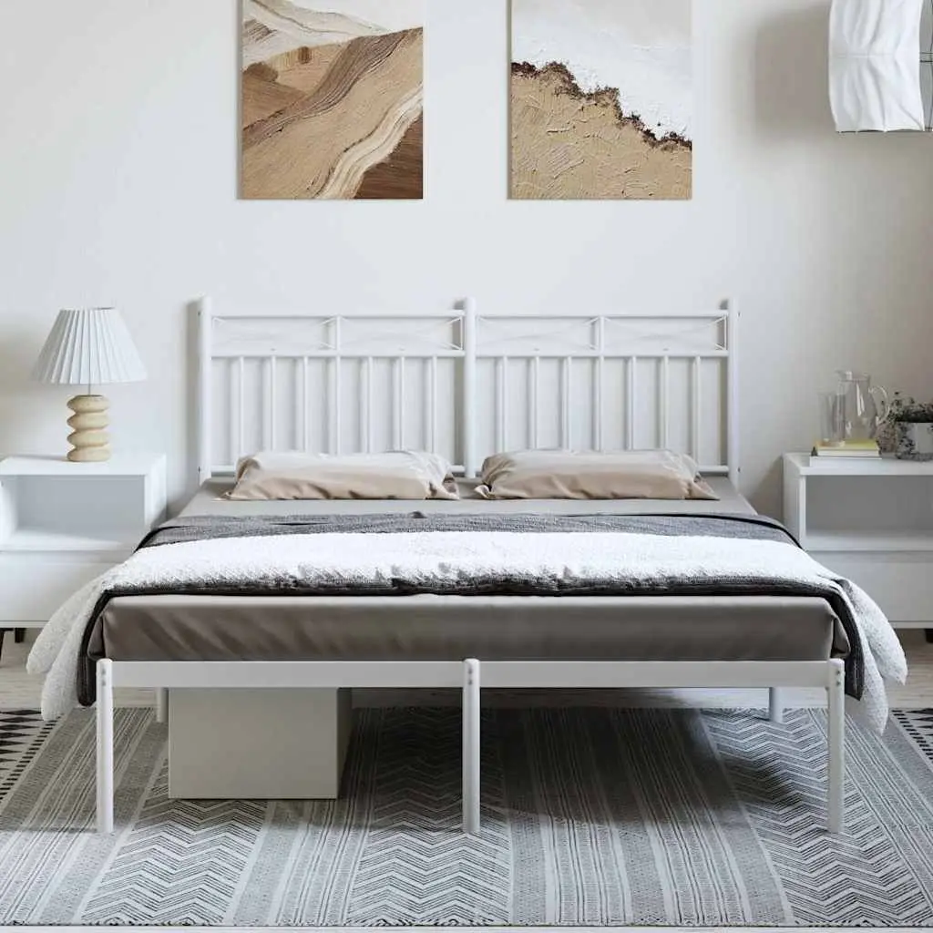 Metal Bed Frame White 135x190 cm with Headboard Steel Slats Support Storage