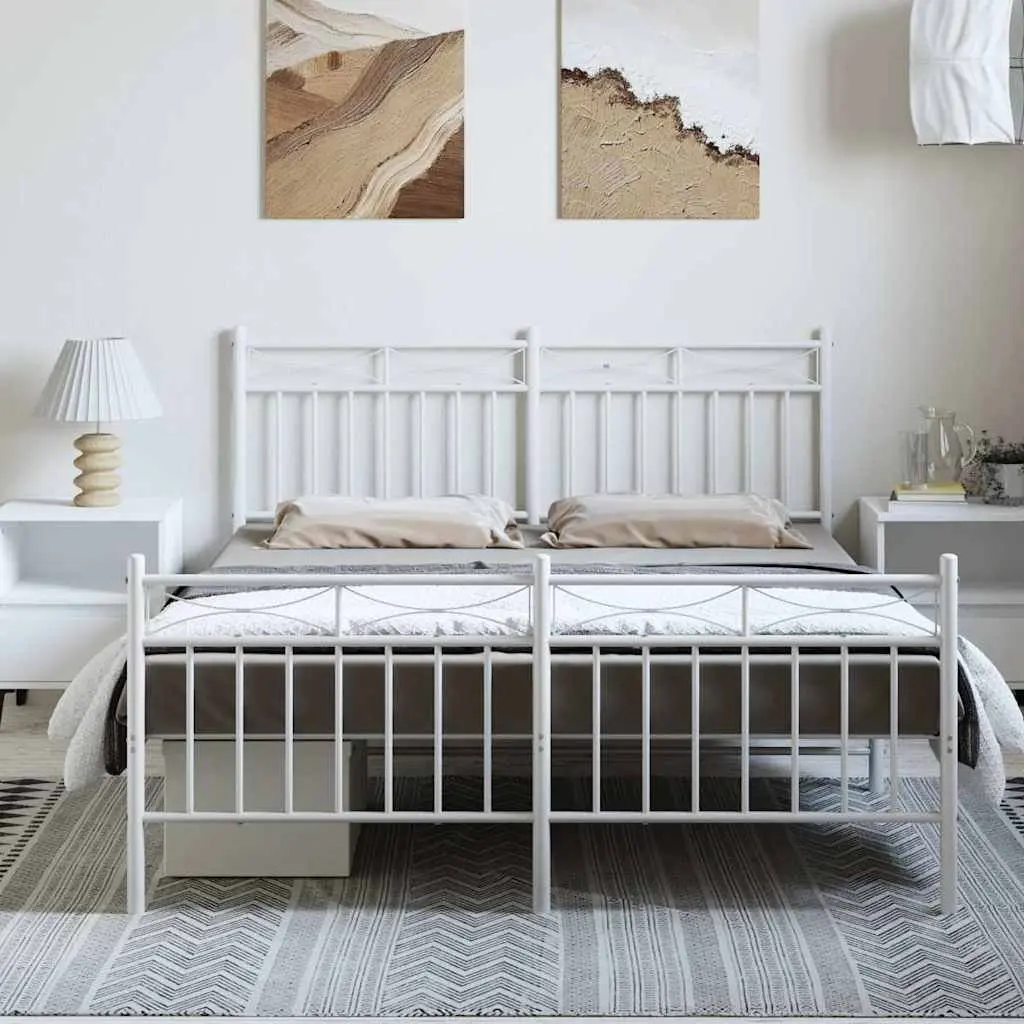 Metal Bed Frame 135x190 cm with Footboard Headboard White Steel Bedroom