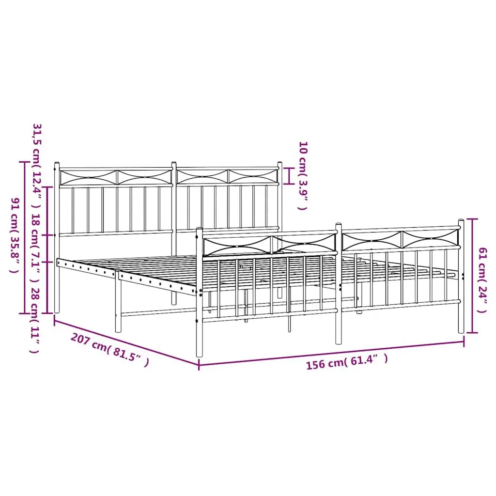 Metal Bed Frame with Footboard White 150x200 cm Bedroom Furniture Slatted Base