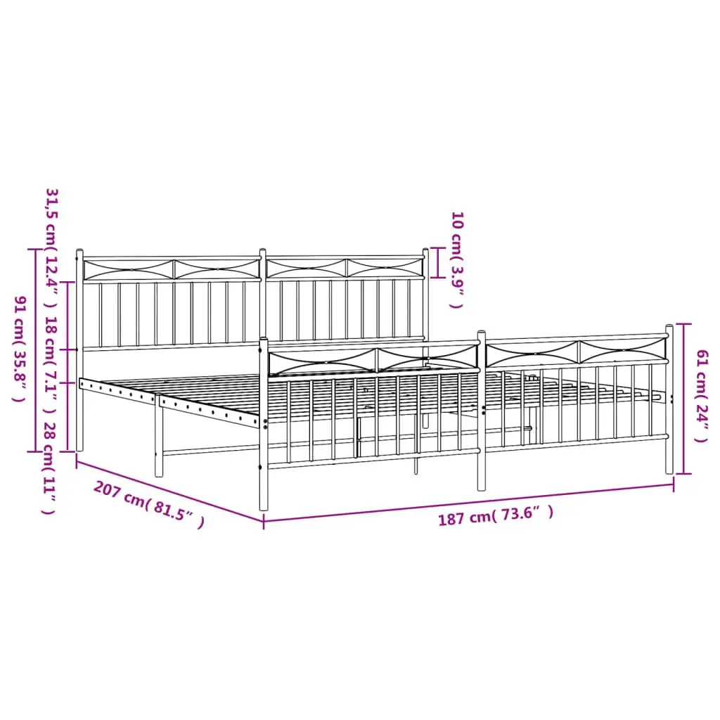 Metal Bed Frame King Size 183x203 cm White with Footboard