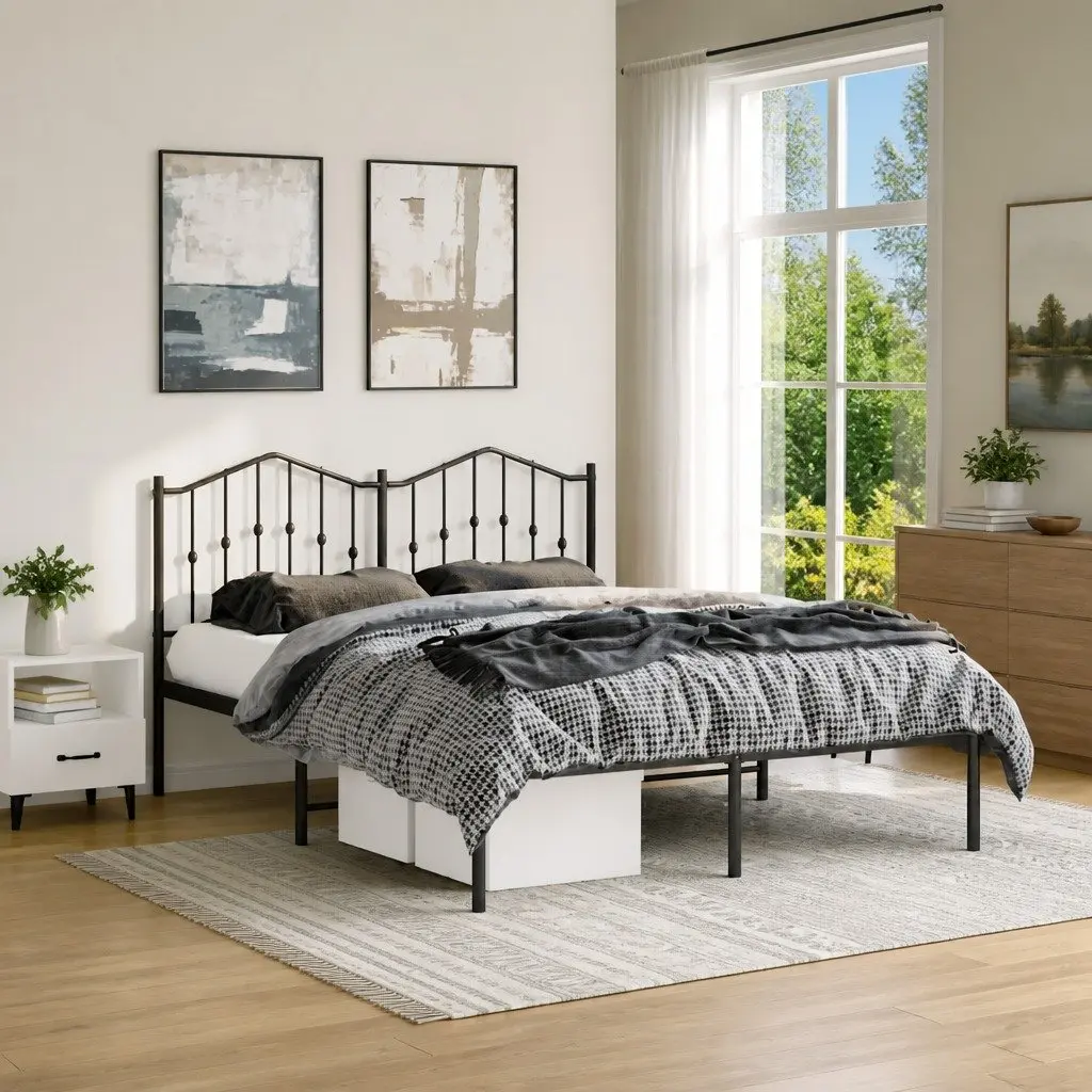 Metal Bed Frame 135x190 cm Headboard Black Steel Slats