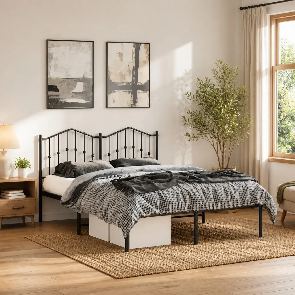 Metal Bed Frame Black 150x200 cm Bedroom Furniture with Headboard