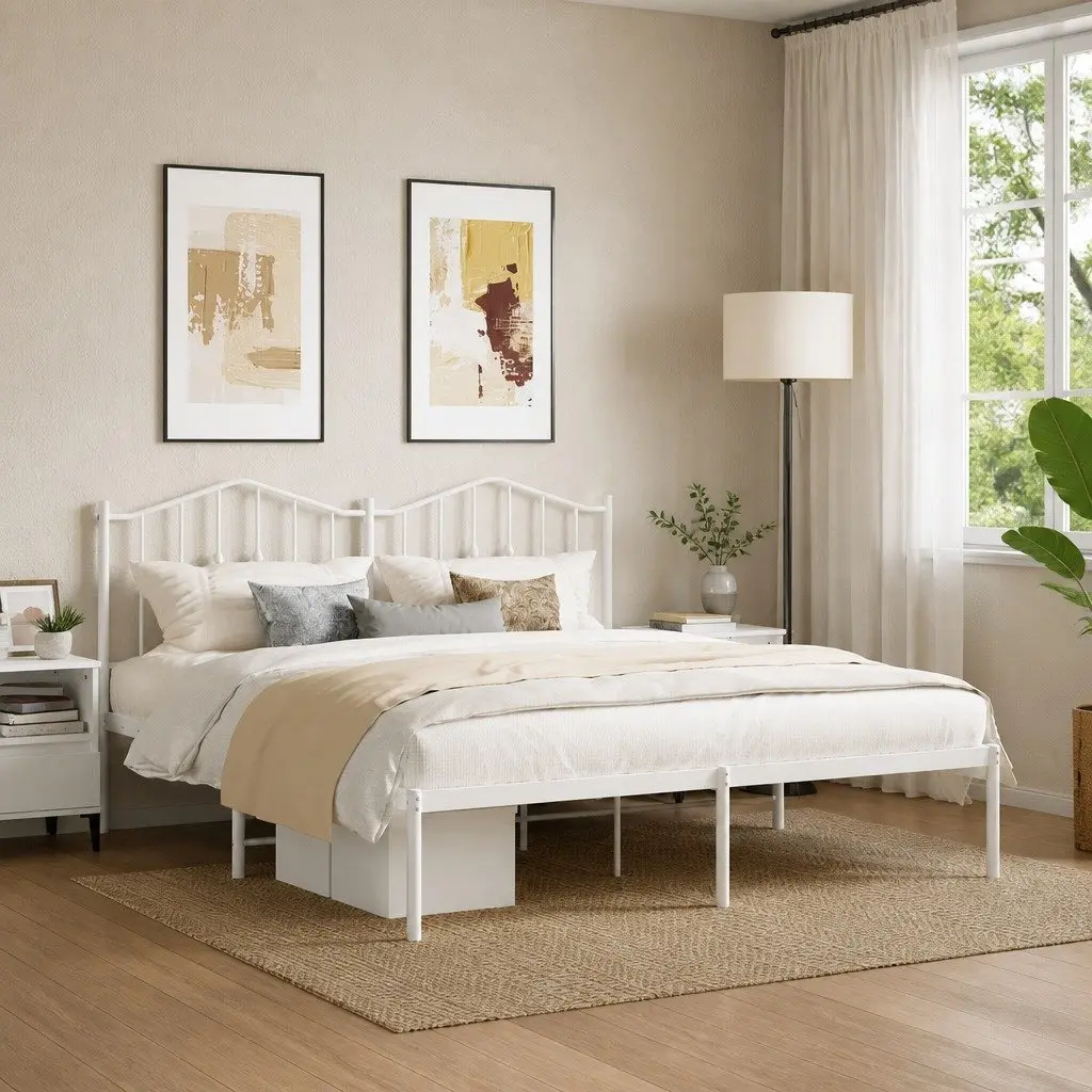 Metal Bed Frame King Size 183x203 cm Headboard Slatted Base White
