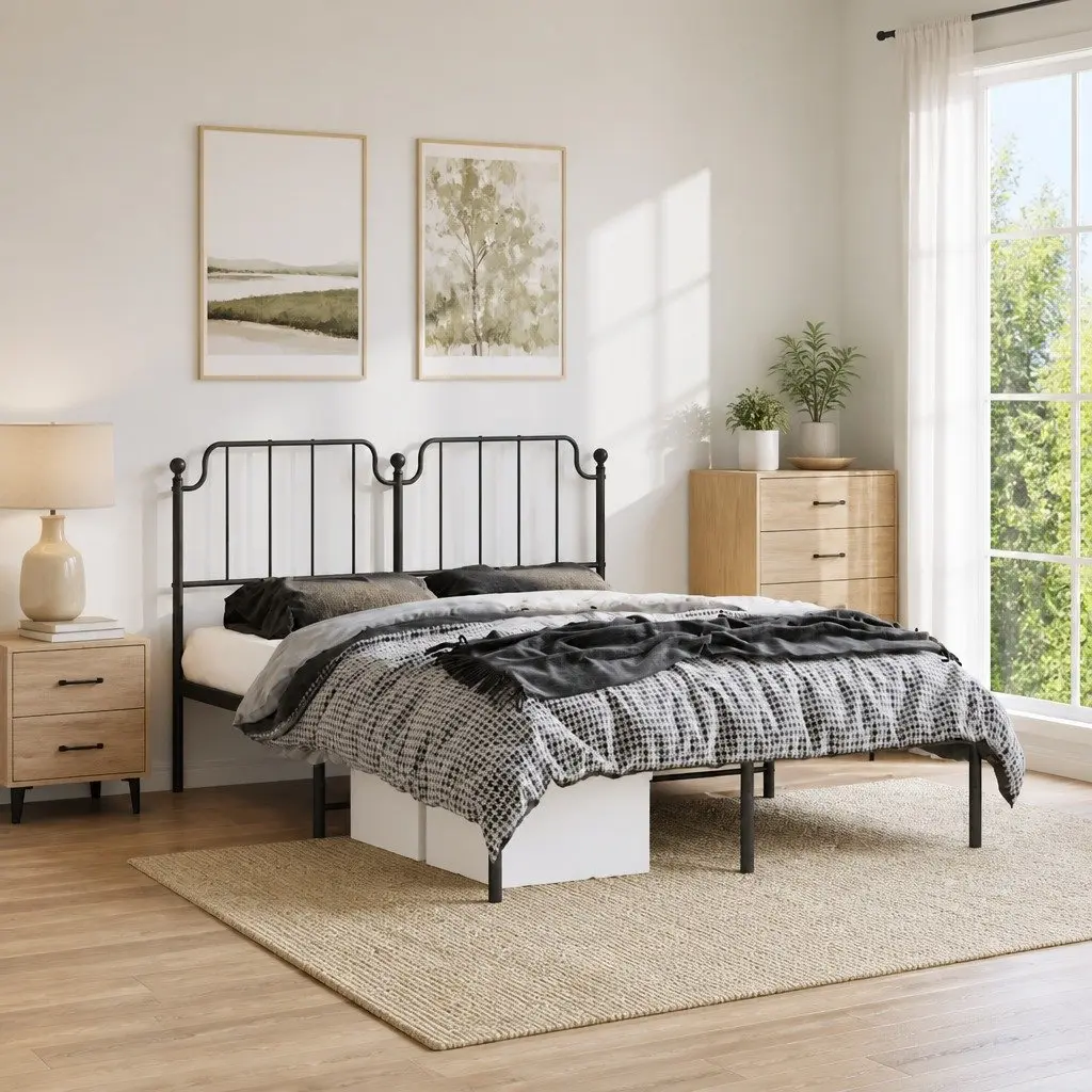 Metal Bed Frame Black Steel 150x200 cm with Headboard and Slats Support